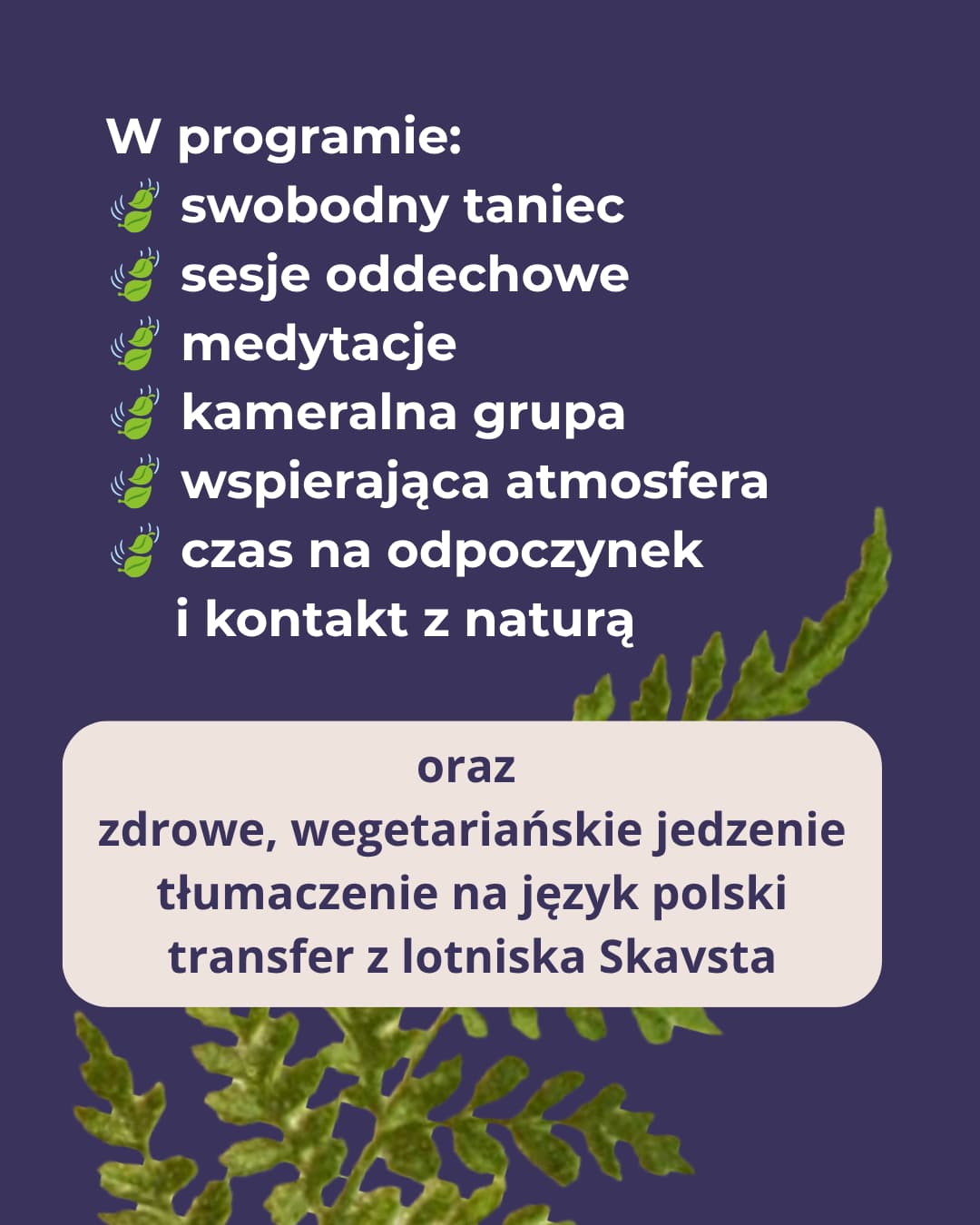 Program warsztatów: swobodny taniec, sesje oddechowe, medytacje, kameralna grupa, wegetariańskie jedzenie i transfer z lotniska Skavsta
